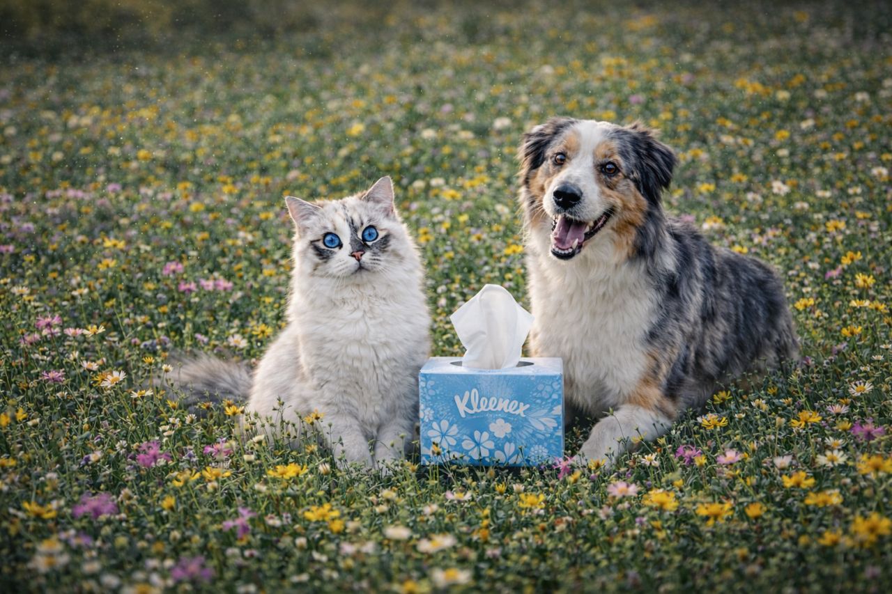 a dog and a cat in a field of flowers